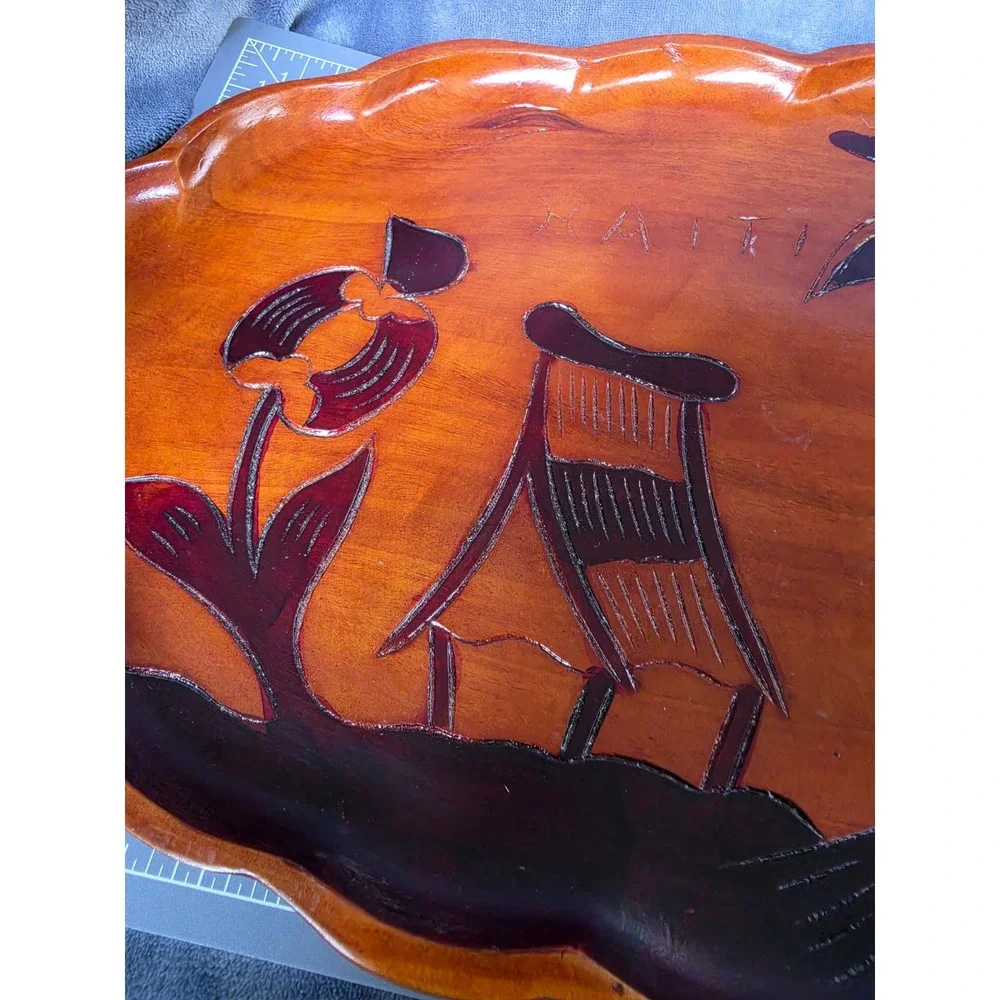 Vintage Haiti Hand Carved Wooden Tray Tropical Palm Tree Scalloped Platter